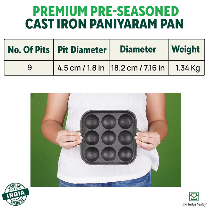 The Indus Valley 9 Pit/Cup CASTrong Cast Iron Paniyaram/Appe Pan+ Spatula, Pre-seasoned, Natural Nonstick, 100% Pure, Toxin-free, 18.2 cm, 1.34 kg | Grocsy