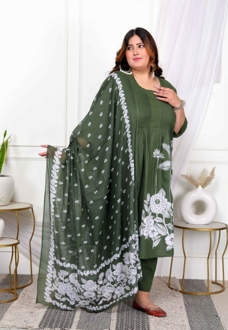 Miravan Women's Plus Size Mehandi Pintucks Floral Pattern Cotton Straight Kurta with Palazzo And Floral Dupatta Set | Grocsy