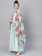 Ahalyaa Aqua Blue Poly Silk Kurta With Attached Printed Dupatta | Grocsy