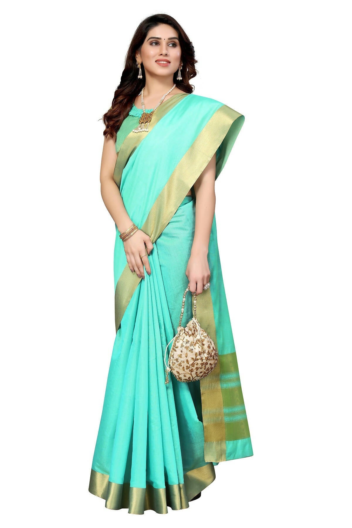 Vamika Sky Blue Cotton Polyester Silk Weaving Saree | Grocsy