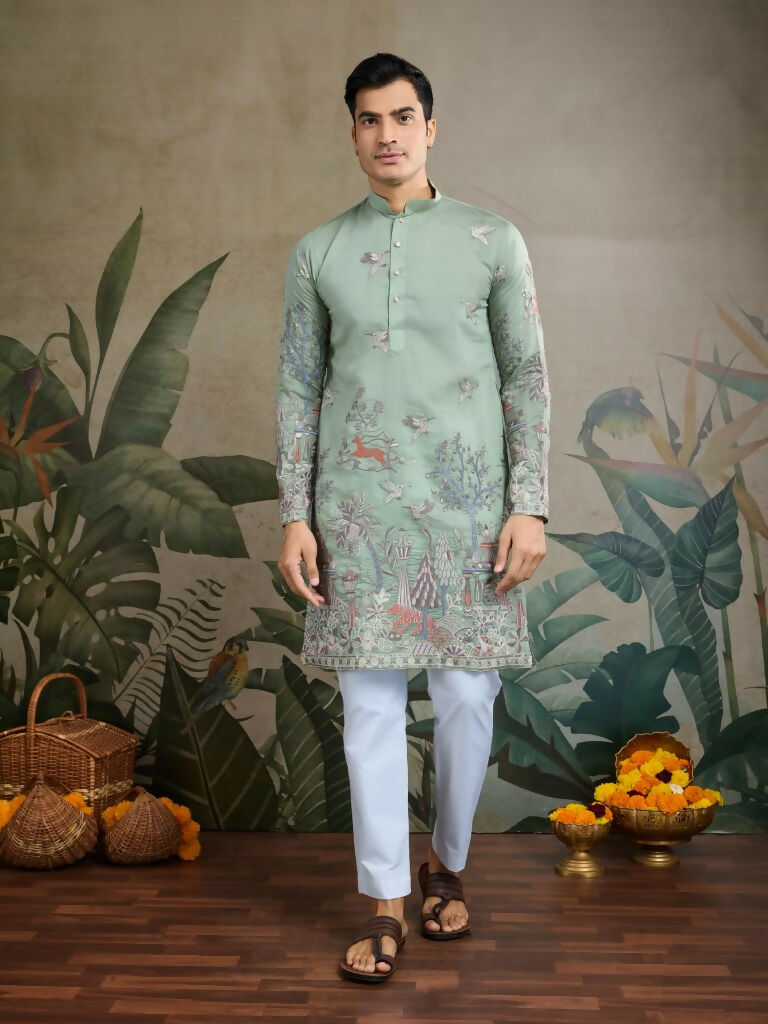 Vastranavya Pista Green Exclusive Festival Wear Viscose Silk Thread & Sequence Embroidered Work Kurta | Grocsy