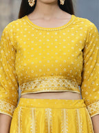 Juniper Mustard Bandhani Printed Shantoon Slub Lehenga Choli & Net Dupatta Set. | Grocsy