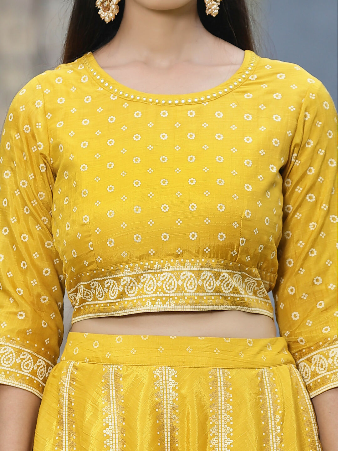 Juniper Mustard Bandhani Printed Shantoon Slub Lehenga Choli & Net Dupatta Set. | Grocsy