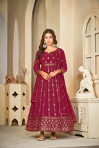 Jyoti Fashion Women's Rani Pink Georgette Embroidered Anarkali Kurta Pant Set With Dupatta | Grocsy