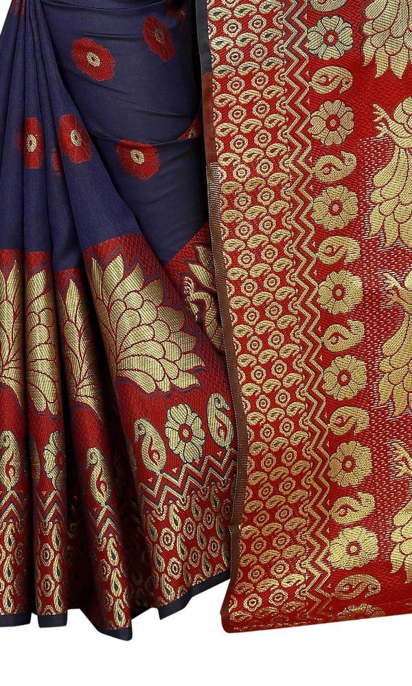 Vamika Banarasi Cotton Silk Navy Blue & Red Weaving Saree | Grocsy