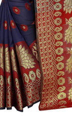 Vamika Banarasi Cotton Silk Navy Blue & Red Weaving Saree | Grocsy