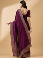 Purple Silk Blend Embroidered Saree with Unstitched Blouse - Vairagi | Grocsy
