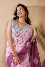 Vastranavya White Onion Digital Printed Linen Ready To Wear Designer Saree with Unstitched Blouse | Grocsy
