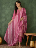 The52 Women's Beautiful Rayon Fabric Embroidery Work Straight Kurta Pant and Dupatta Set-Pink | Grocsy