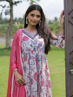 The52 Women's Beautiful Rayon Fabric Printed Work Flared Kurta Pant and Dupatta Set | Grocsy