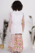 Little Bansi Girls Cotton Floral work Kurta with Floral Sharara & Dupatta - White | Grocsy