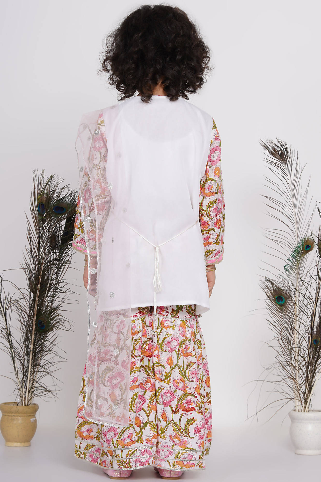 Little Bansi Girls Cotton Floral work Kurta with Floral Sharara & Dupatta - White | Grocsy