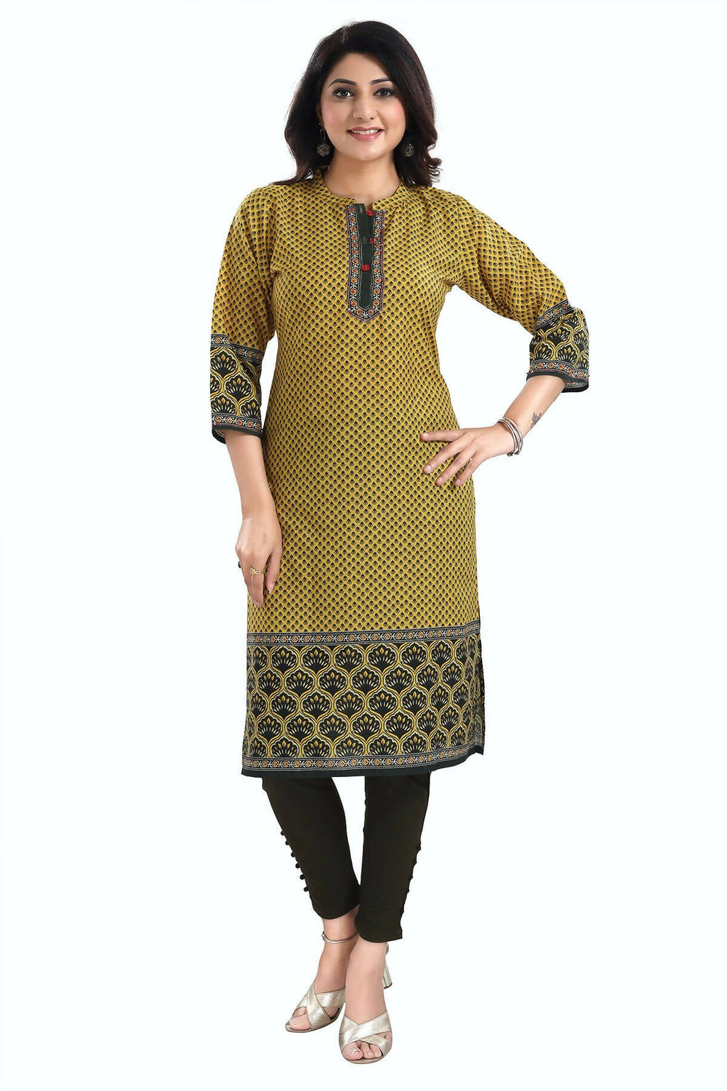 Snehal Creations Yellow Designer Digital Print Cotton Slub Fabric Long Kurti Tunic | Grocsy