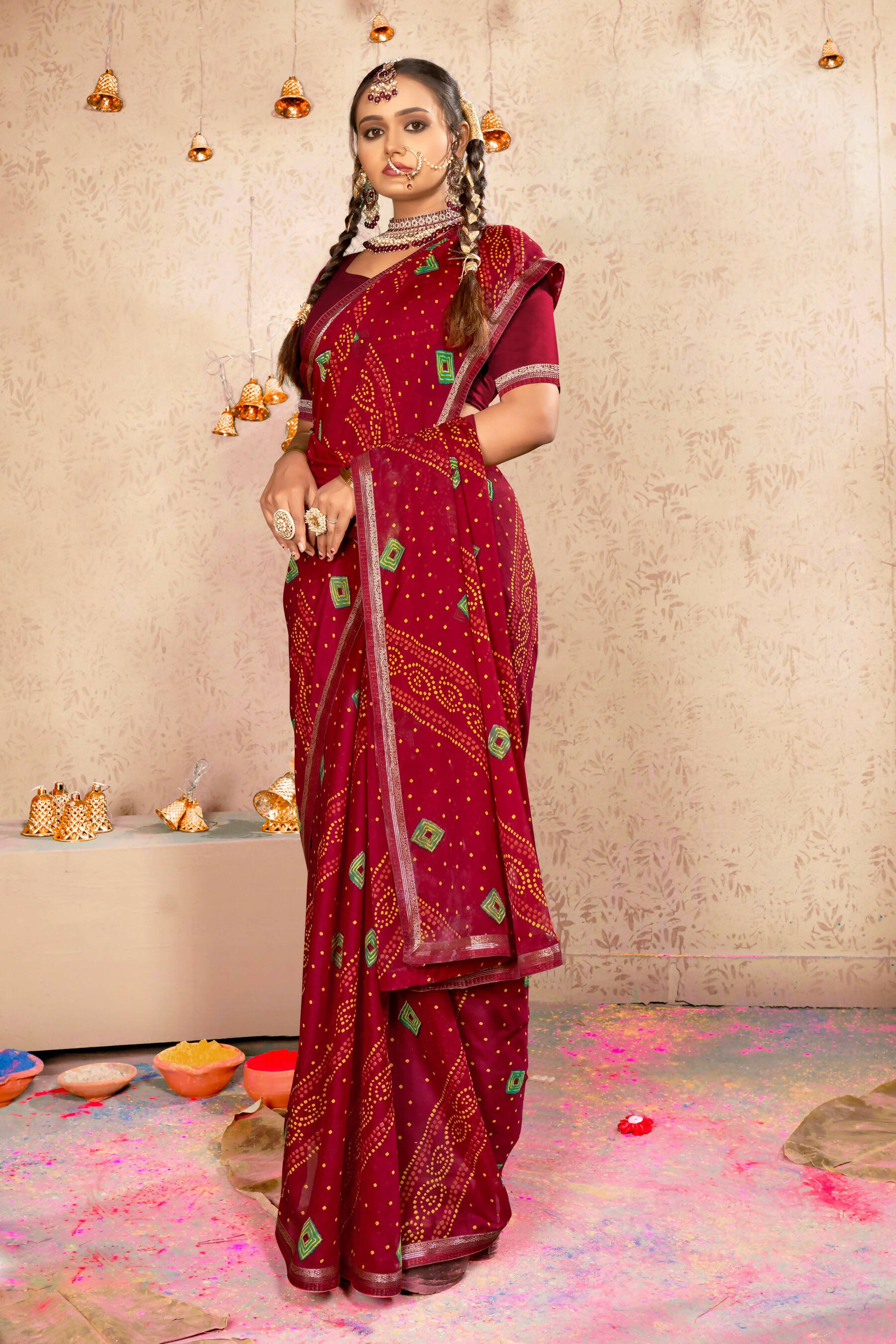 Maroon Georgette Bandhni Printed Saree With Unstitched Blouse Piece - Shanaya | Grocsy