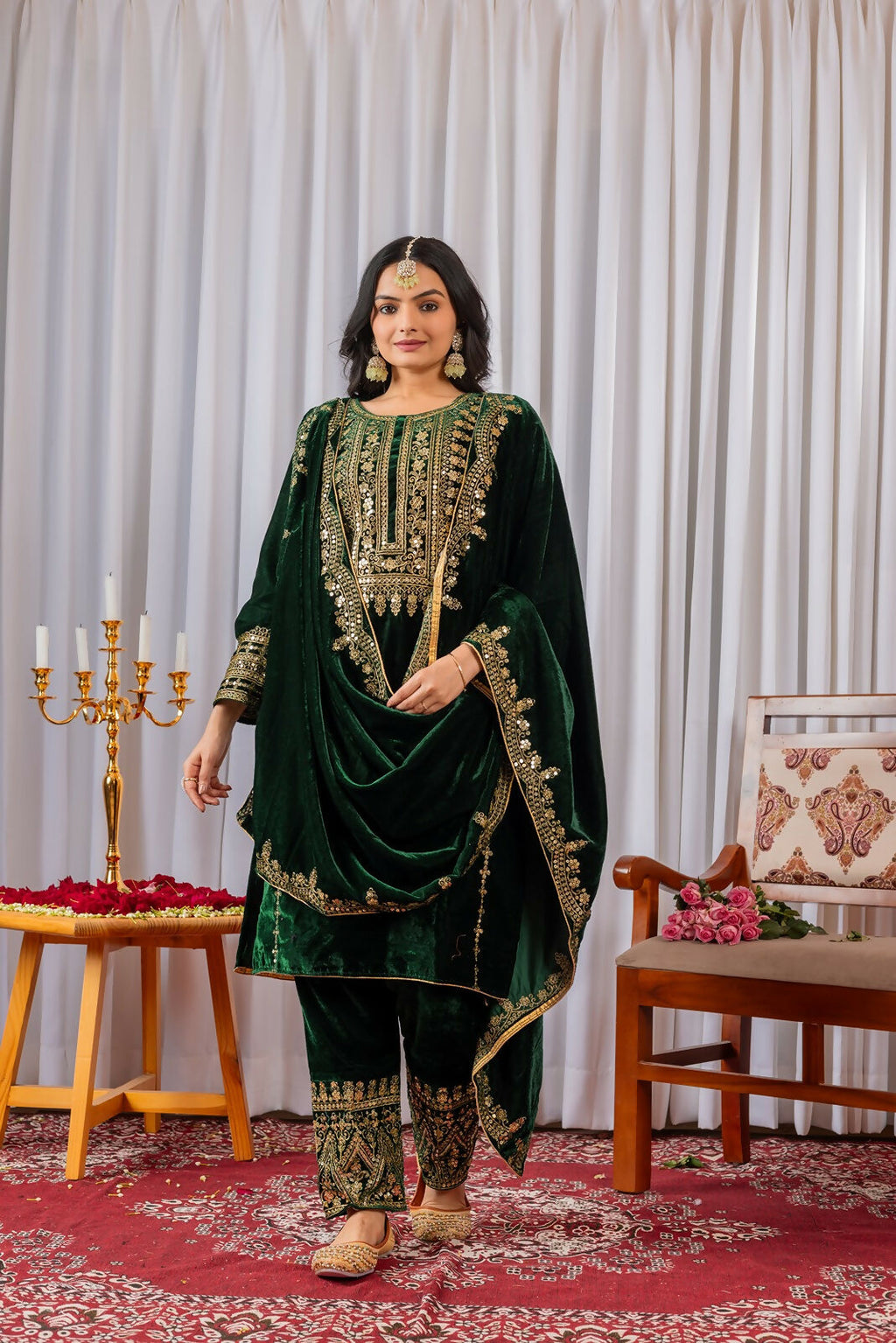 Joban Fashion Green Velvet Sequence Embroidery Work Kurta Set | Grocsy