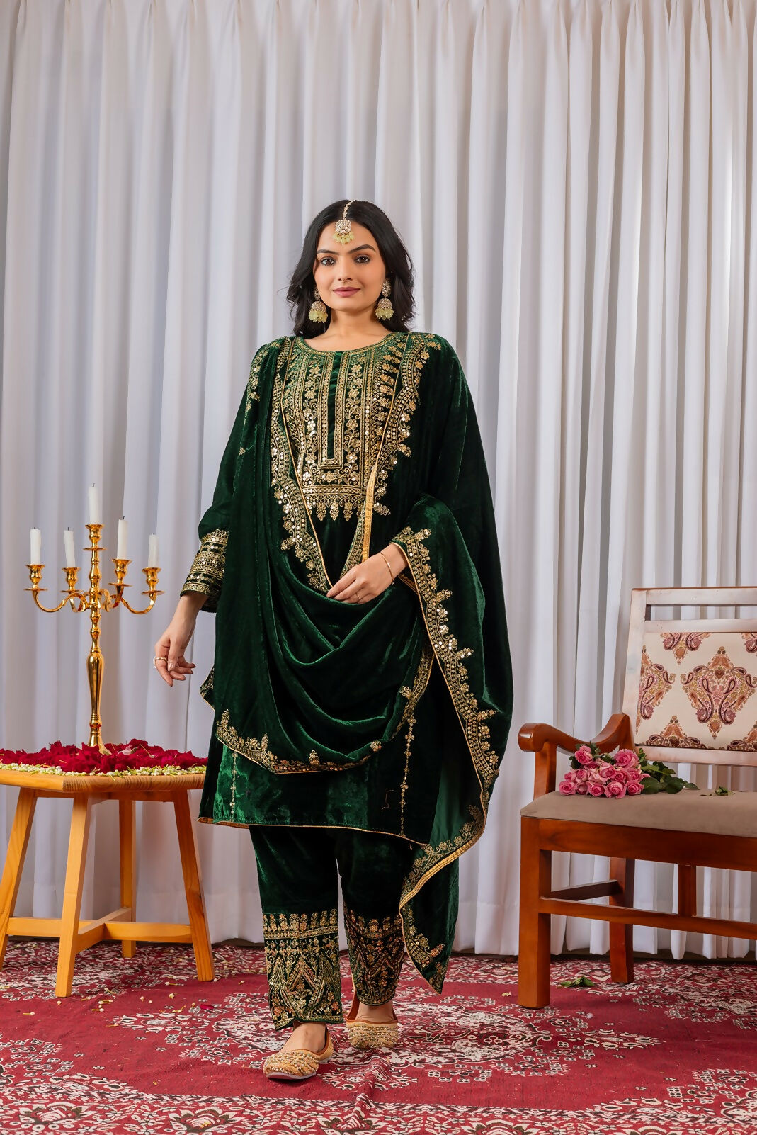 Joban Fashion Green Velvet Sequence Embroidery Work Kurta Set | Grocsy