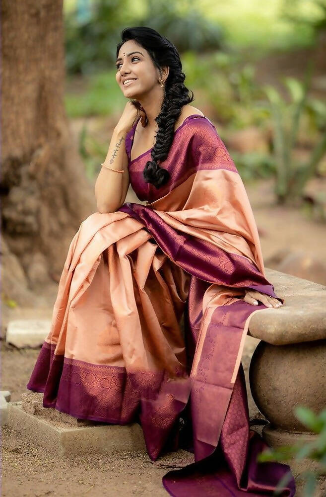 DEIANA'S Beautiful Designer Golden zari Soft Lichi Silk Saree - Peach | Grocsy