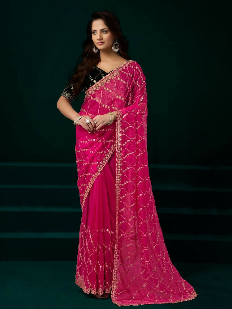 Joban Fashion Rani Pink Net Party Wear Sarees | Grocsy
