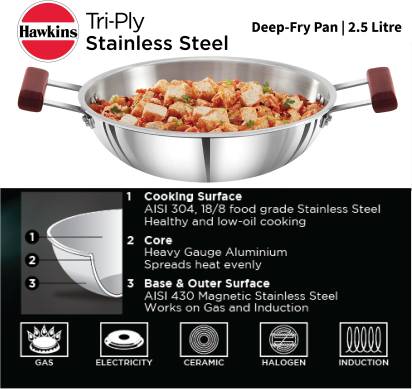 Hawkins TriPly Stainless Steel Deep Fry Pan Kadhai 26 cm Diameter 2.5 L | Grocsy