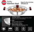Hawkins TriPly Stainless Steel Kadhai with Glass Lid 26 cm Diameter 2.5 L (SSD25G) | Grocsy
