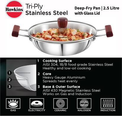 Hawkins TriPly Stainless Steel Kadhai with Glass Lid 26 cm Diameter 2.5 L (SSD25G) | Grocsy