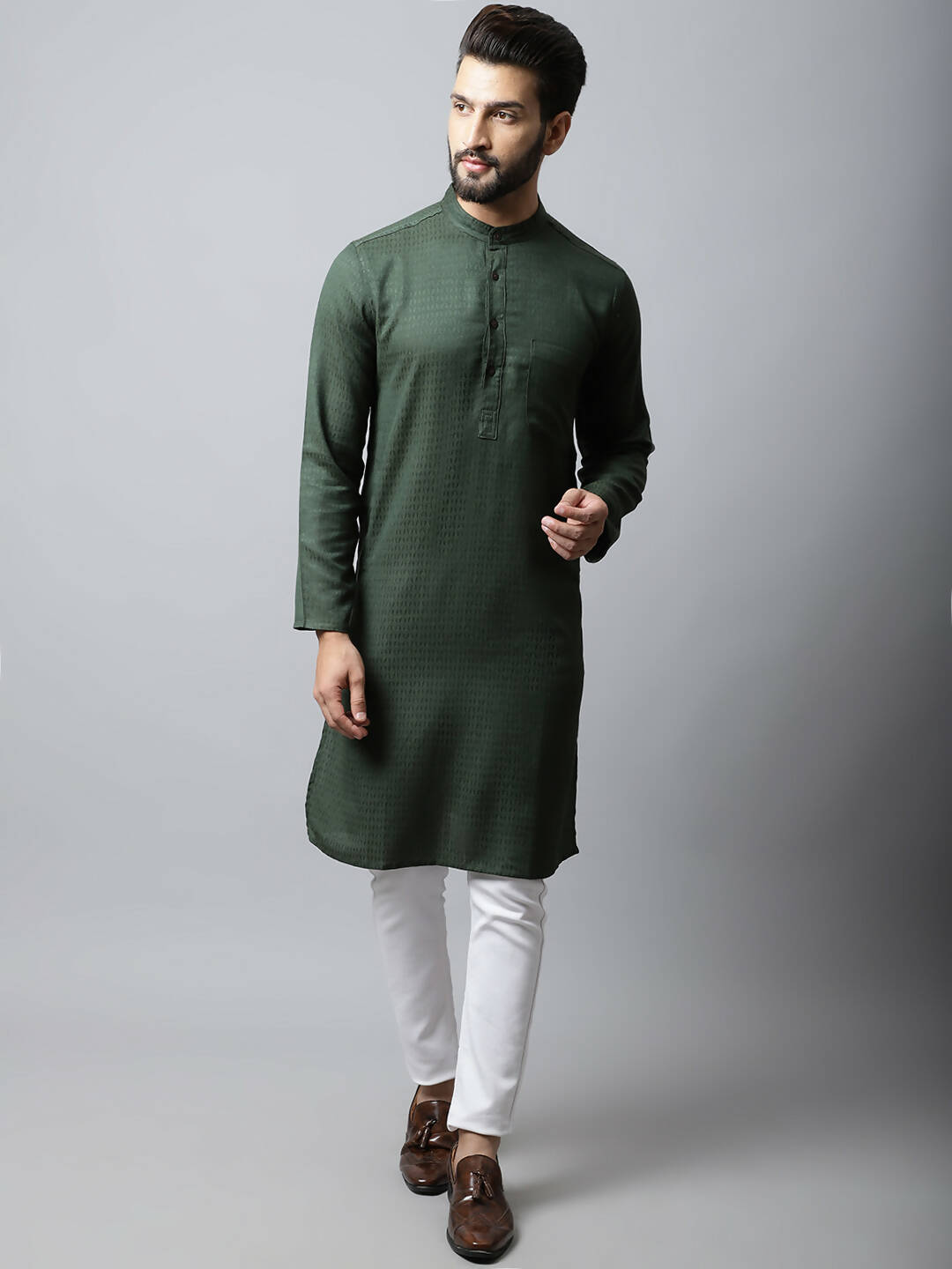 Even Apparels Green Color Viscose Pure Cotton Men's Kurta With Band Collar (SLD1197) | Grocsy