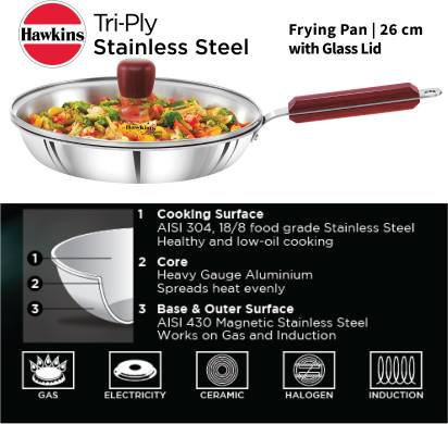 Hawkins TriPly Fry Pan 26 cm Diameter with Lid 1.8 L Capacity (SSF26G) | Grocsy