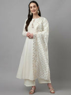 FIORRA Women's White Pure Cotton Flared Kurta Palazzo Set With Dupatta | Grocsy