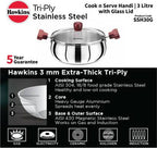 Hawkins TriPly Cook n Serve Handi with Glass Lid 22 cm Diameter 3 L (SSH30G) | Grocsy