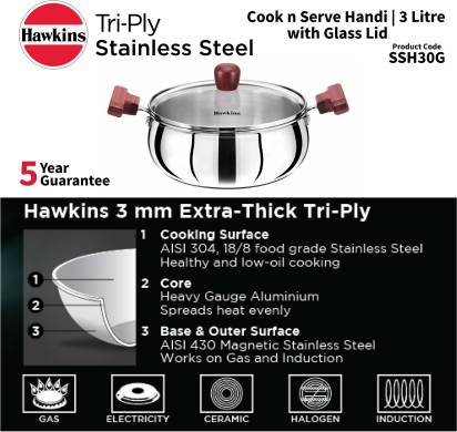 Hawkins TriPly Cook n Serve Handi with Glass Lid 22 cm Diameter 3 L (SSH30G) | Grocsy
