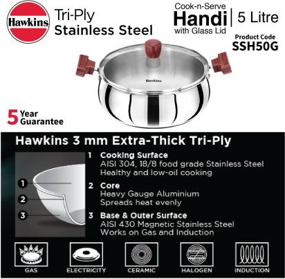 Hawkins TriPly Stainless Steel Cook n Serve Handi with Glass Lid 5 L (SSH50G) | Grocsy