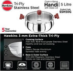 Hawkins TriPly Stainless Steel Cook n Serve Handi with Glass Lid 5 L (SSH50G) | Grocsy