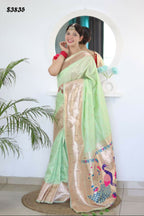 Pista Woven Jacquard Designer Embroidery Work Party Wear Saree - Parampara | Grocsy