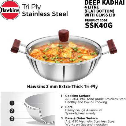 Hawkins Triply Stainless Steel Kadhai 28 cm Diameter with Lid 4 L (SSK40G) | Grocsy