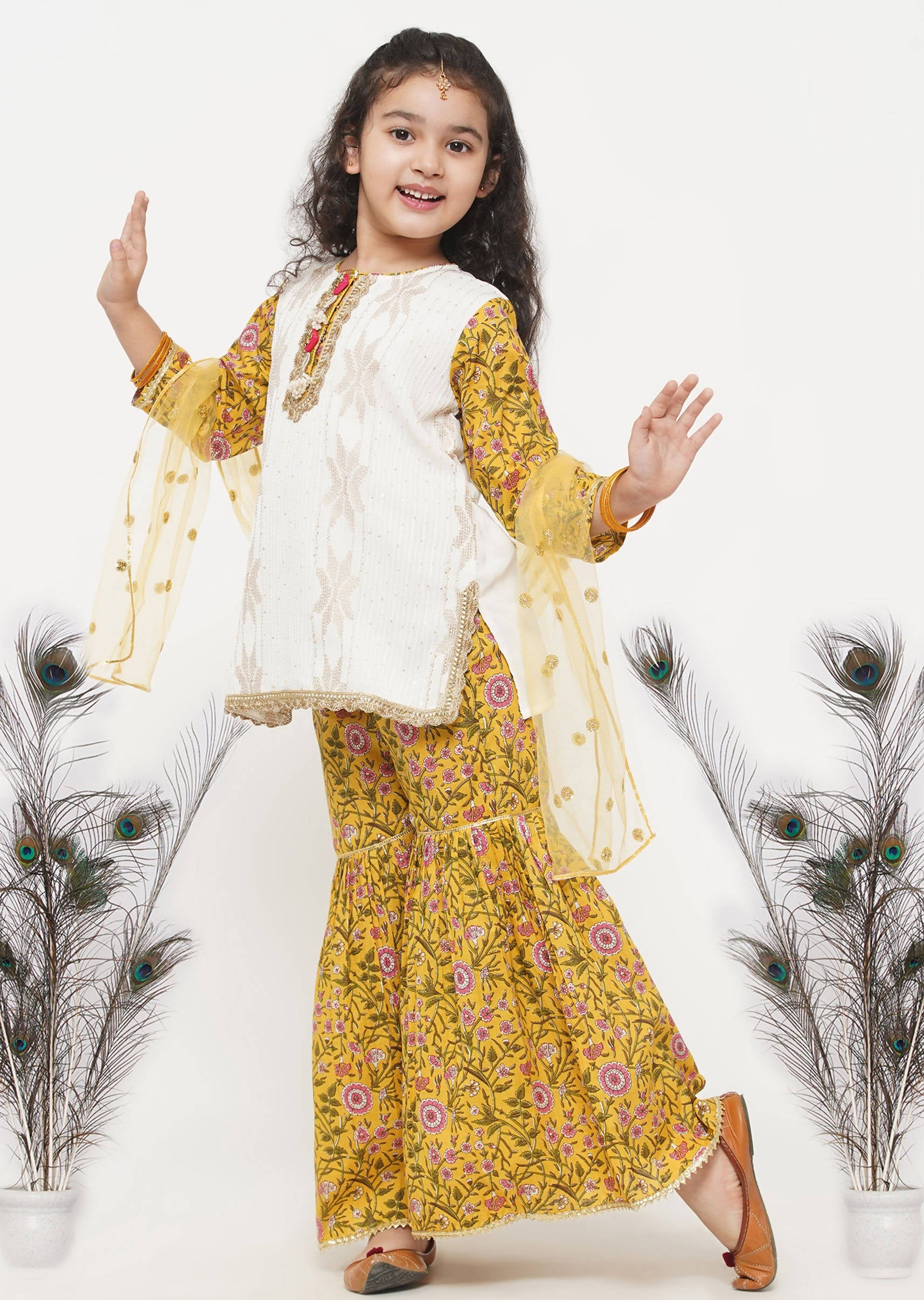 Little Bansi Girls Cotton Embroidery Kurta with floral sharara with Dupatta - White & Yellow | Grocsy