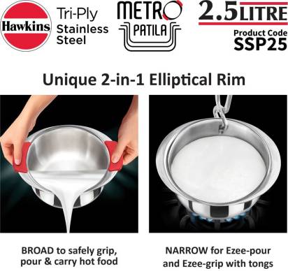 Hawkins Tri-Ply Stainless Steel Induction Metro Patila 19.5 cm Diameter 2.5 L (SSP25) | Grocsy