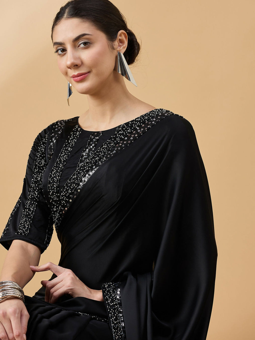 Black Satin Solid Sequence Work Saree with Stitched Blouse - Dharavi | Grocsy