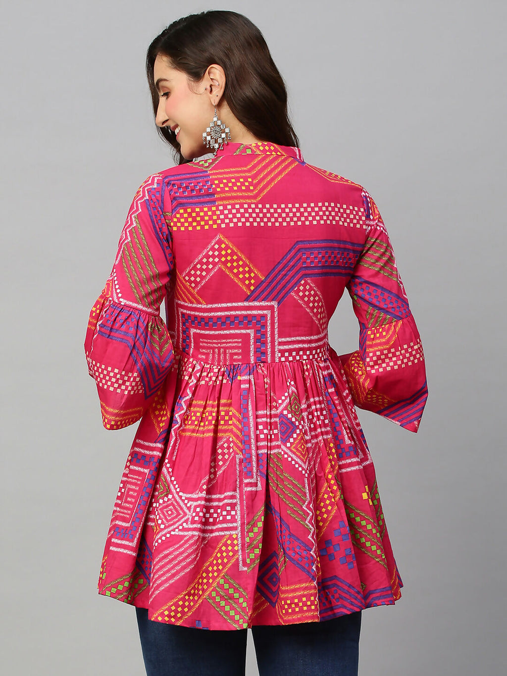 Pink Cotton Geometric Printed A-line Top - Bosky | Grocsy