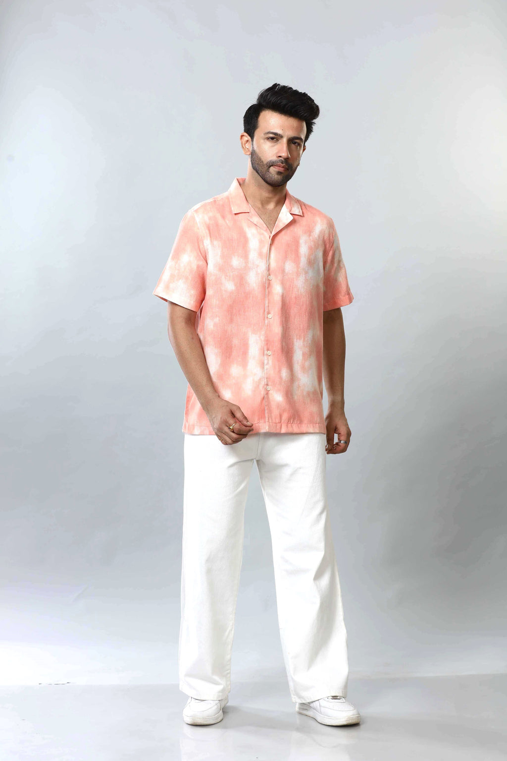 Xkind Orange Printed Slub Relaxed Fit Shirt | Grocsy