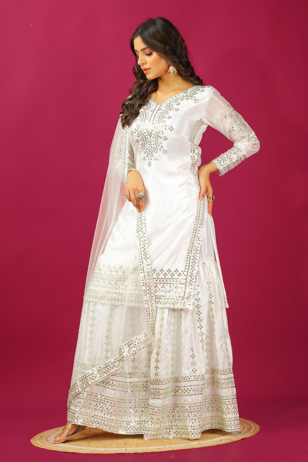 Teeya Creation Wine Color Chinnon Silk Heavy Embroidery Work Fully Stitched Sharara Suit | Grocsy