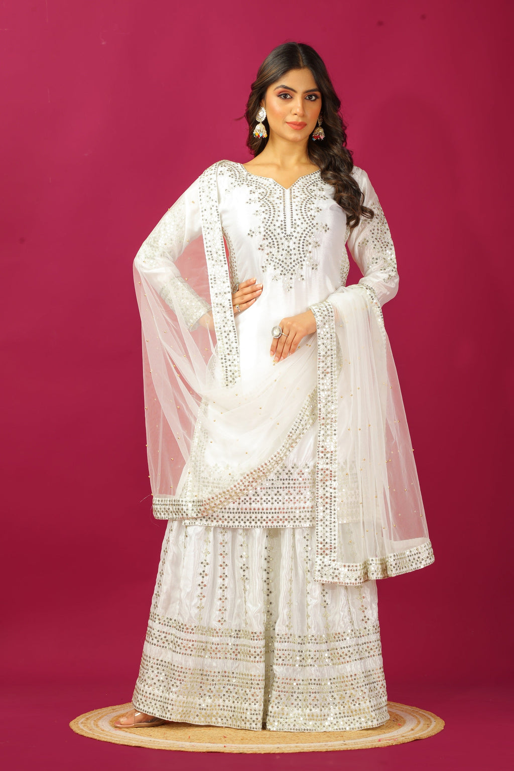 Teeya Creation Wine Color Chinnon Silk Heavy Embroidery Work Fully Stitched Sharara Suit | Grocsy