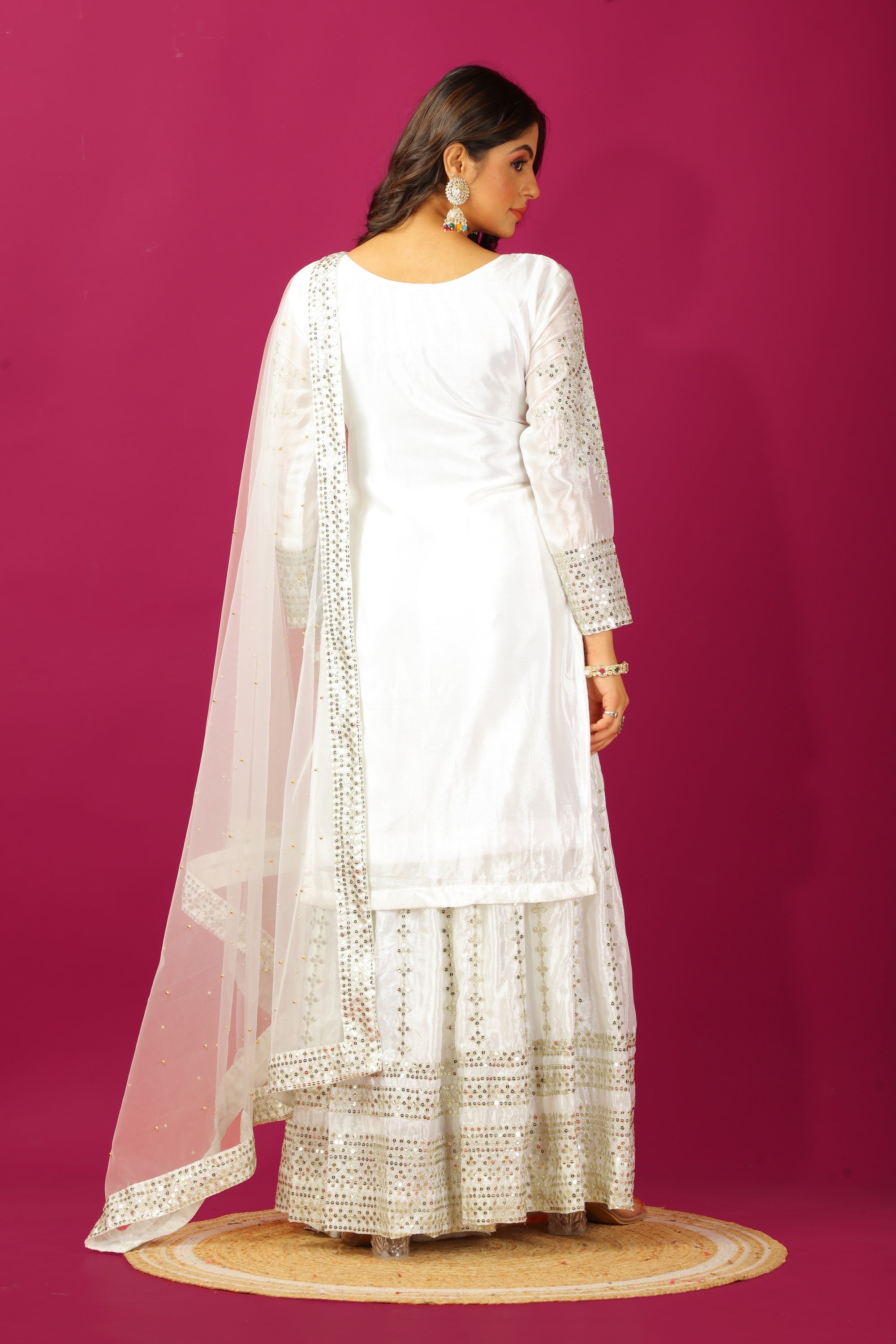 Teeya Creation Wine Color Chinnon Silk Heavy Embroidery Work Fully Stitched Sharara Suit | Grocsy
