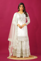 Teeya Creation Wine Color Chinnon Silk Heavy Embroidery Work Fully Stitched Sharara Suit | Grocsy