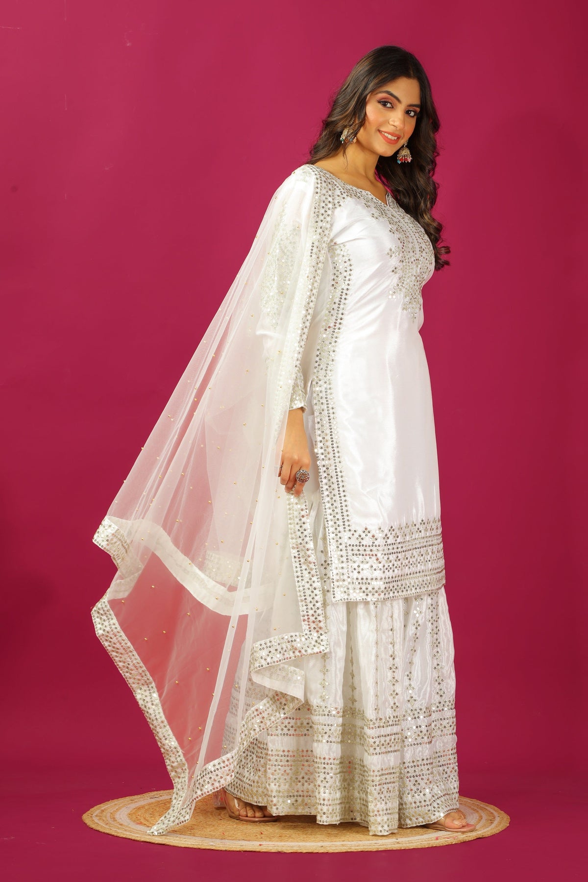 Teeya Creation Wine Color Chinnon Silk Heavy Embroidery Work Fully Stitched Sharara Suit | Grocsy