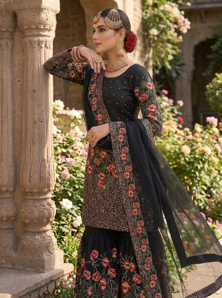 Teeya Creation Black Fendy Silk Heavy Embroidery Work Party Wear Sharara Suit | Grocsy