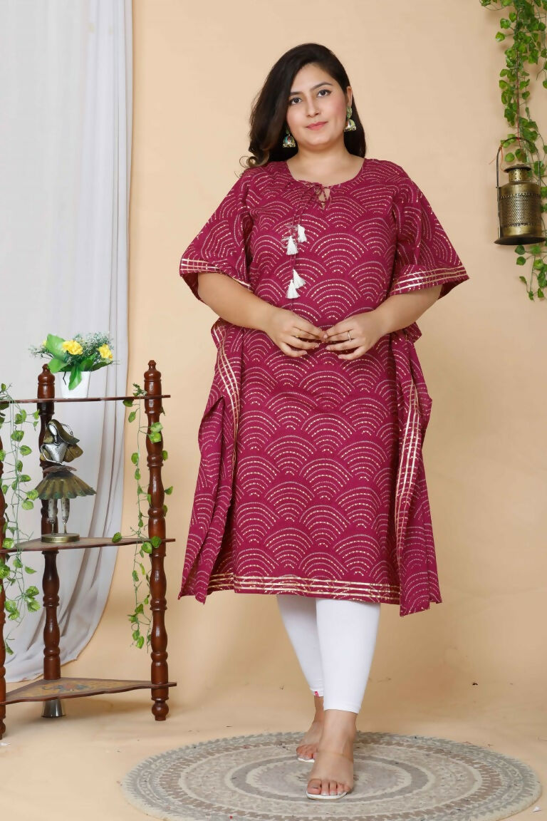 Miravan Women's Plus Size Magenta Bandhani Printed Cotton Kaftan Kurta | Grocsy