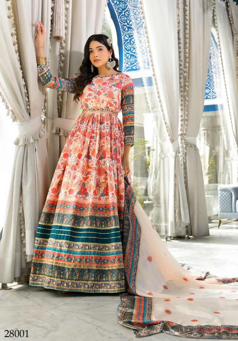 Wedding Designer Multi Soft Dola Silk Anarkali suit with Dupatta - Sanj | Grocsy