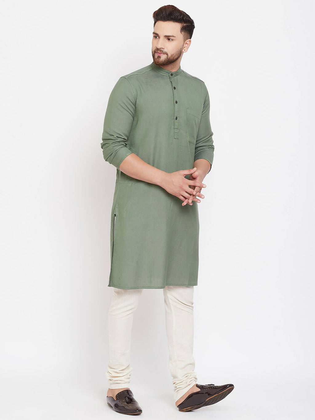 Even Apparels Green Color Linen Linen Men's Kurta With Band Collar | Grocsy