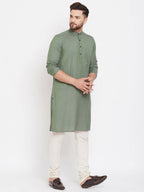 Even Apparels Green Color Linen Linen Men's Kurta With Band Collar | Grocsy