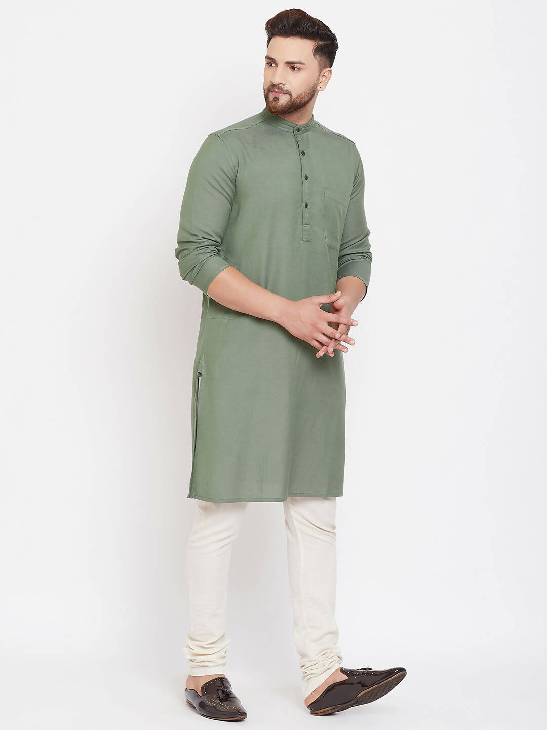 Even Apparels Green Color Linen Linen Men's Kurta With Band Collar | Grocsy